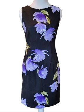 Vintage Alyx Petite Black Purple Floral Sleeveless Sheath Dress